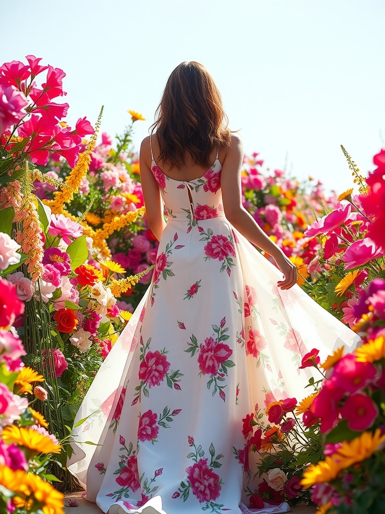 A woman wearing a floral print gown standing in a field of colorful flowers.
