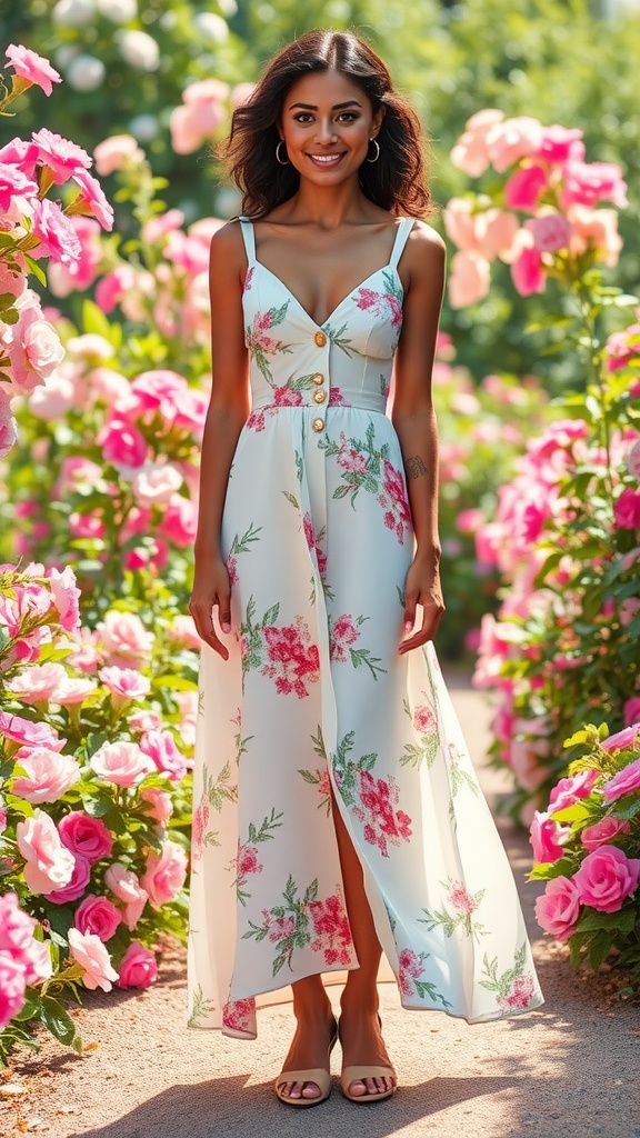 A model in a floral print midi dress with button details, surrounded by pink roses, perfect for summer weddings.