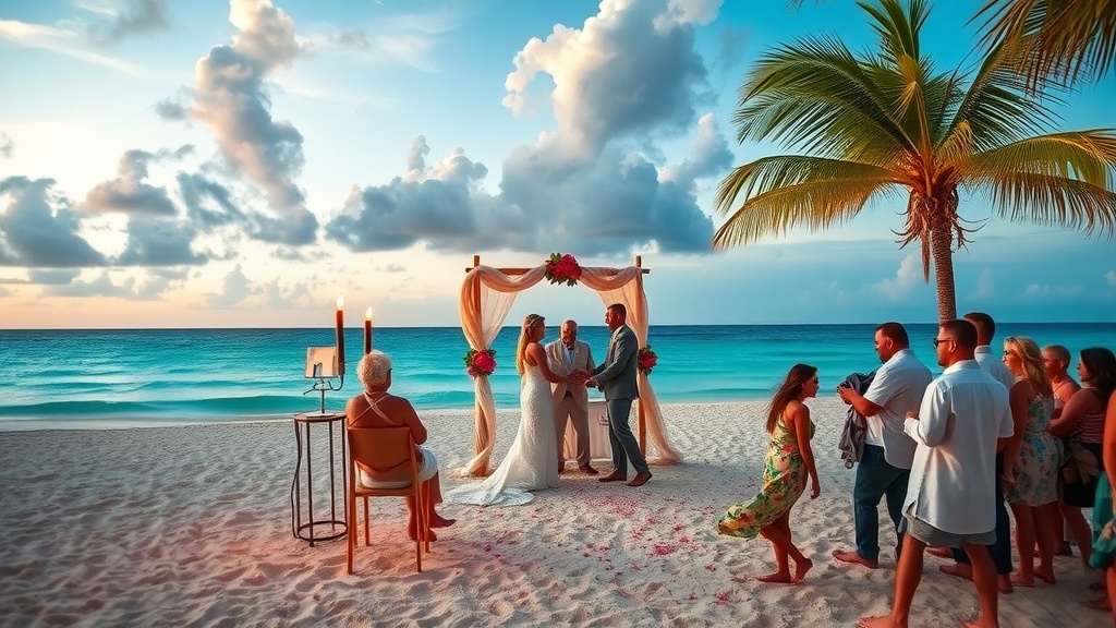 A beautiful beach wedding ceremony in the Florida Keys at sunset.