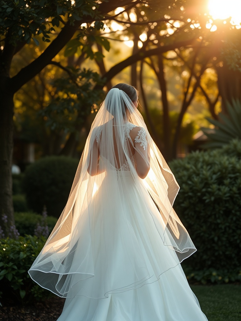 A bride wearing a flowing tulle cape in a serene outdoor setting, showcasing an ethereal look.