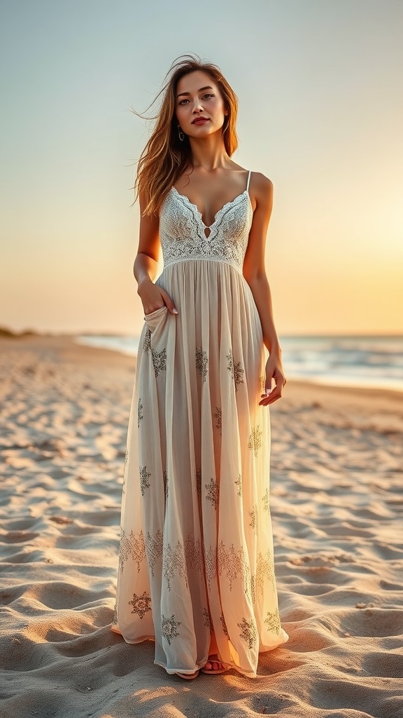 A woman wearing a flowy bohemian maxi dress with lace accents, standing on the beach at sunset.