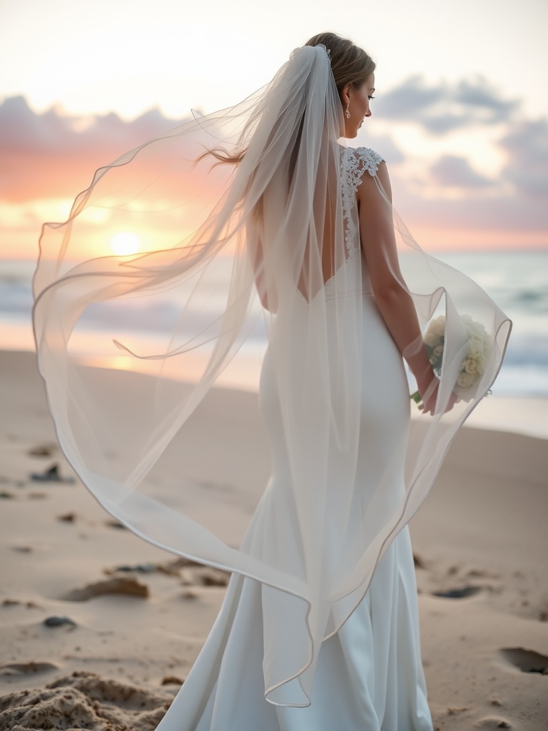 Bride wearing a flowy chiffon cape on the beach at sunset