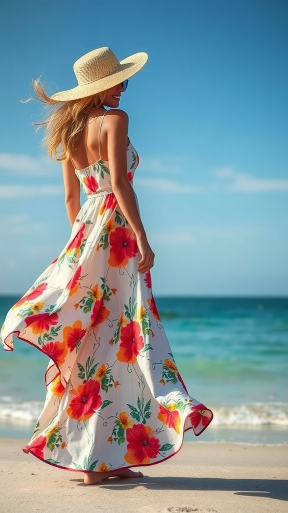 Woman wearing a flowy floral maxi dress on the beach