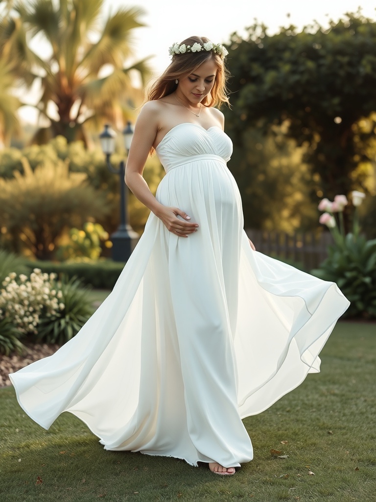 Pregnant bride in a flowy white maxi dress, enjoying a moment outdoors