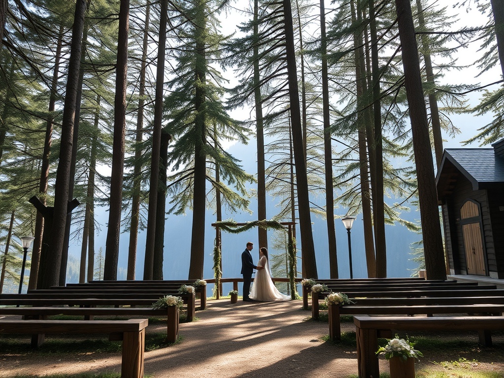 A couple standing under a floral arch in a forest setting, surrounded by tall pine trees and wooden benches for guests.