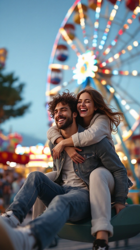 A happy couple enjoying a fair, with the Ferris wheel in the background.