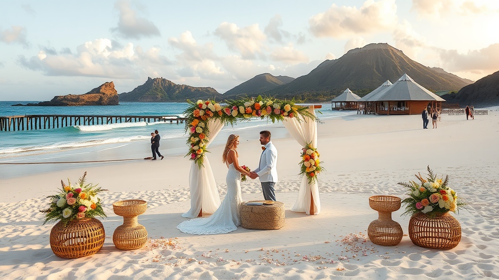 A couple getting married on a beach in the Galapagos Islands with an elegant floral arch and scenic background.