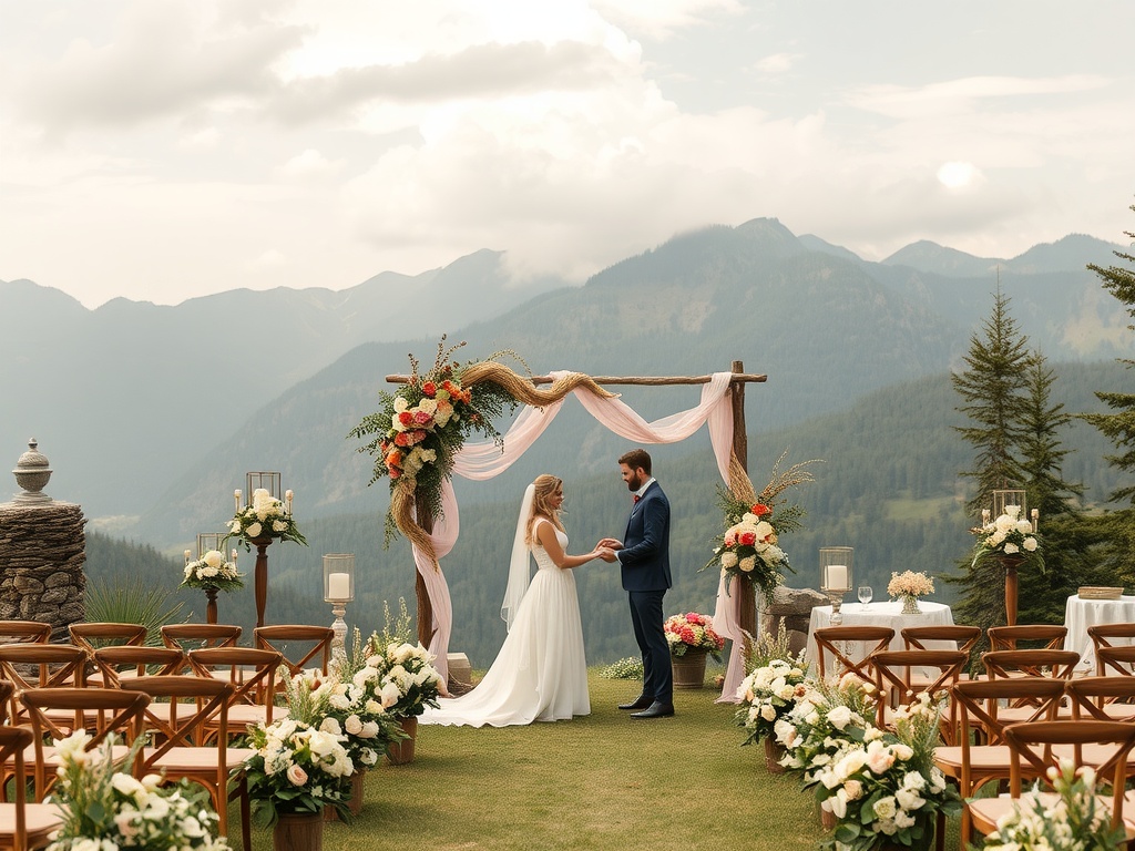 A couple exchanging vows under a floral arch with mountains in the background