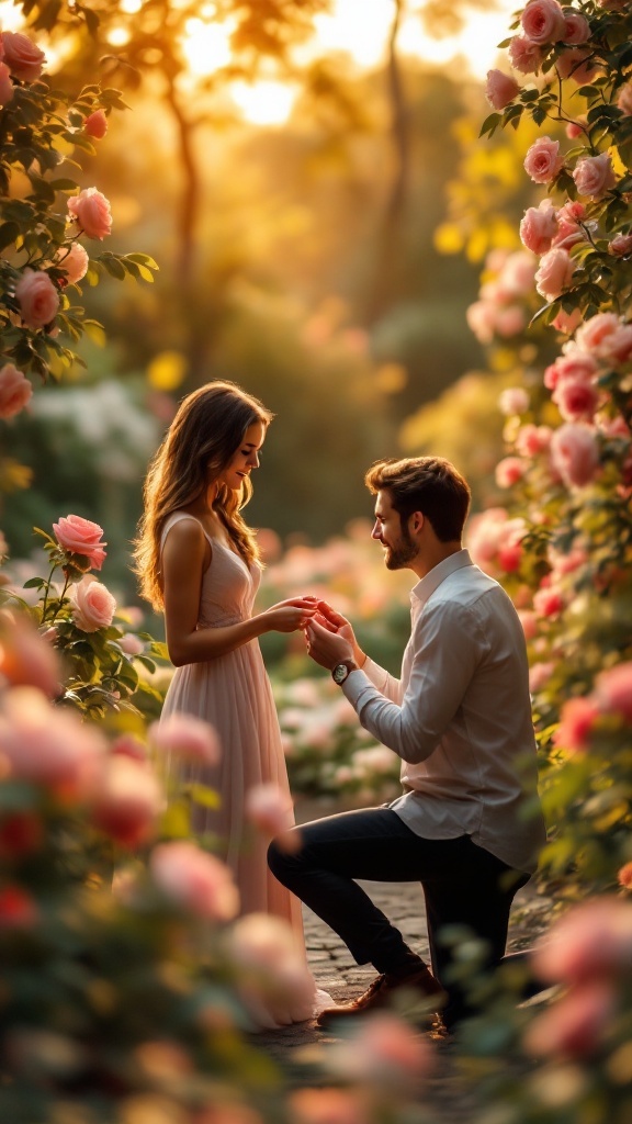 A romantic proposal in a garden filled with roses, featuring a man kneeling and presenting a ring to a woman.