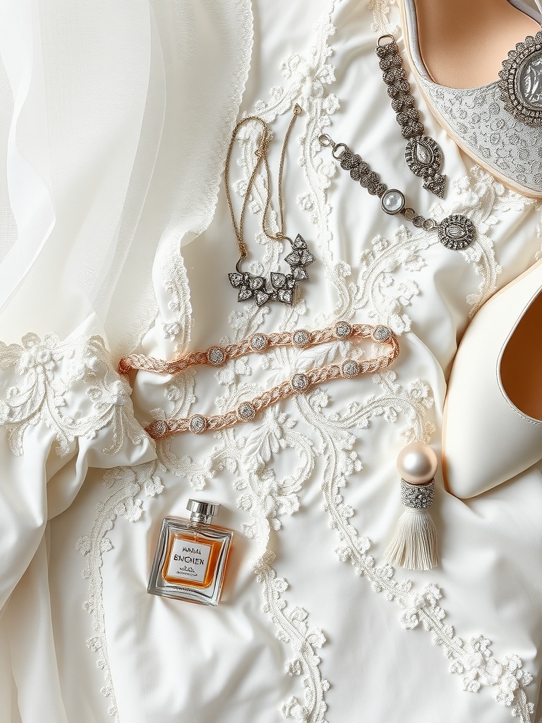 An assortment of bridal accessories including a garter, jewelry, and shoes on a wedding dress.