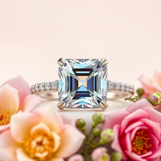 An Asscher cut engagement ring with a colorful center stone, surrounded by flowers.