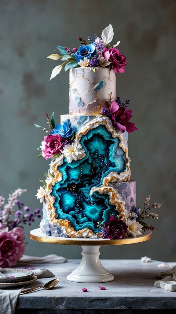 A stunning geode-inspired wedding cake with teal, gold, and floral decorations.