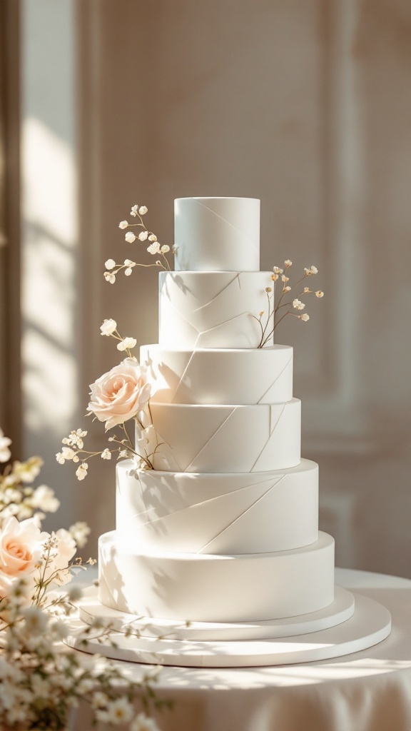 A minimalist wedding cake with a geometric design, featuring white tiers and floral accents.