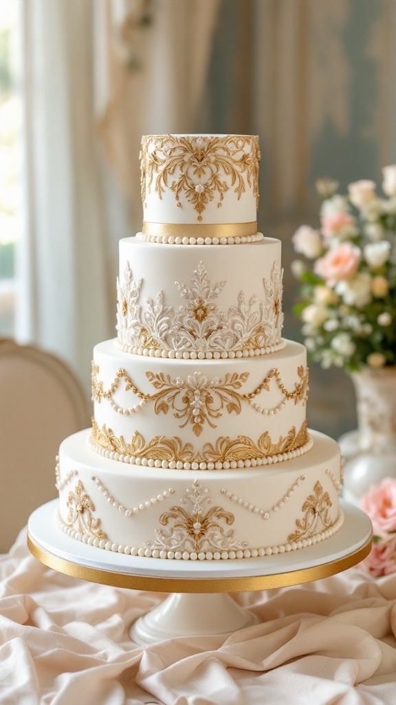 A beautiful vintage wedding cake with gold detailing and intricate designs.