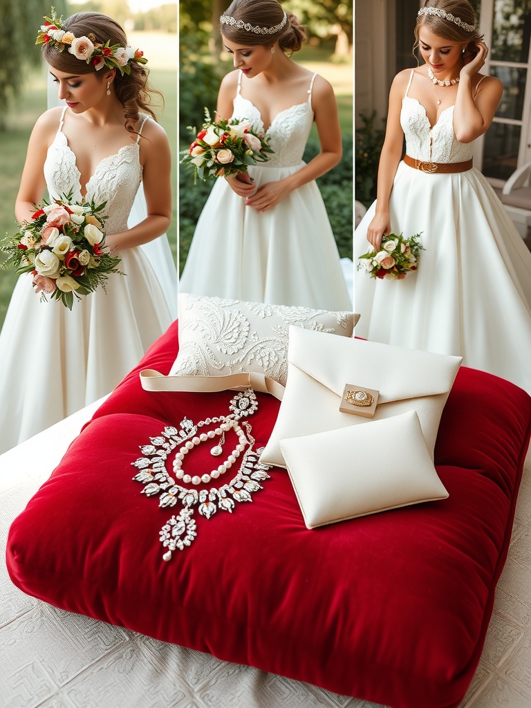 Beautiful bride showcasing glamorous accessories with flower crown and elegant jewelry