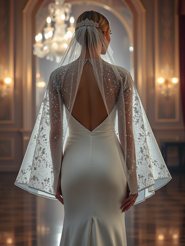 A bride in a sparkling wedding dress with a glamorous cape, showcasing elegance and drama.