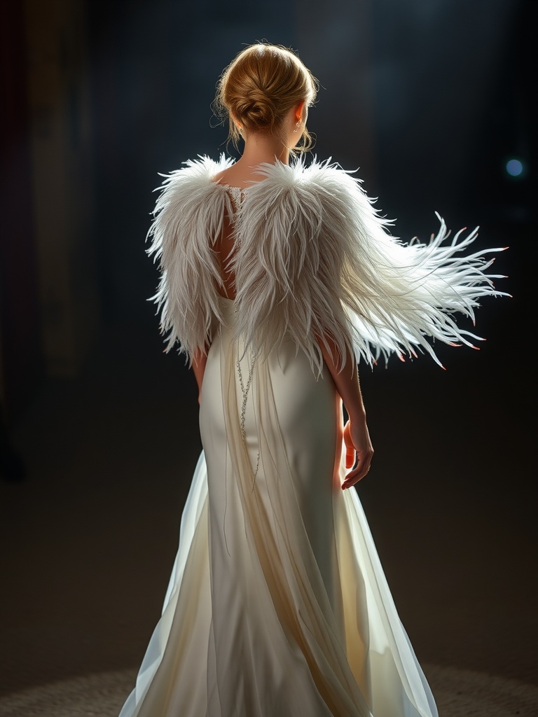 A bride wearing a glamorous feathered cape, showcasing a bold bridal accessory.