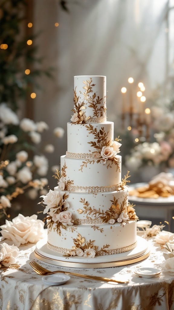 A luxurious wedding cake with gold accents and floral decorations.