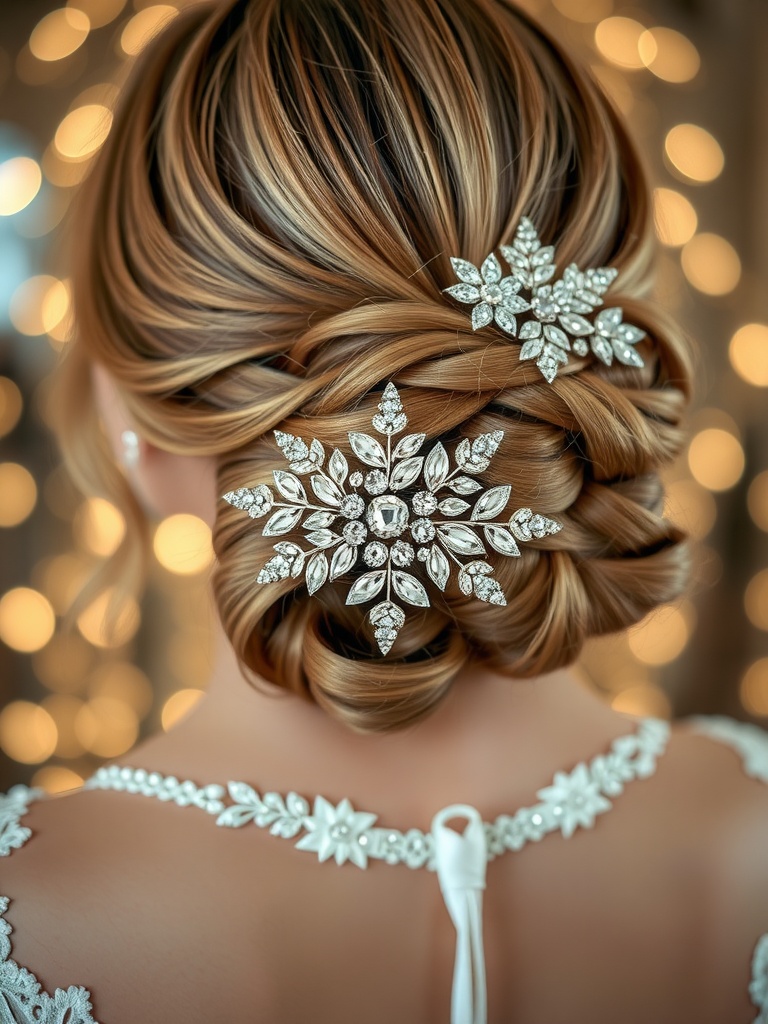 A close-up of an elegant bridal hairstyle featuring sparkling hair combs, showcasing a sophisticated and glamorous look.