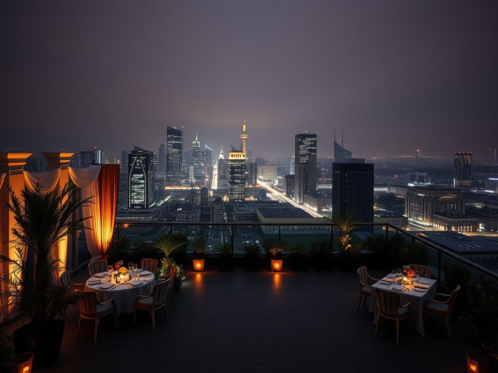 A romantic rooftop terrace setup with city skyline view, featuring elegant tables and soft lighting perfect for a wedding.