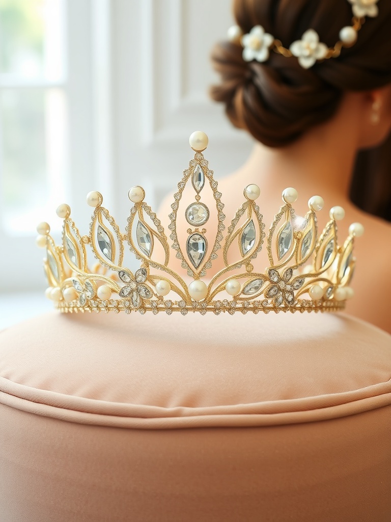 A glamorous golden tiara with pearls and crystals resting on a pink cushion, symbolizing bridal hair accessories.