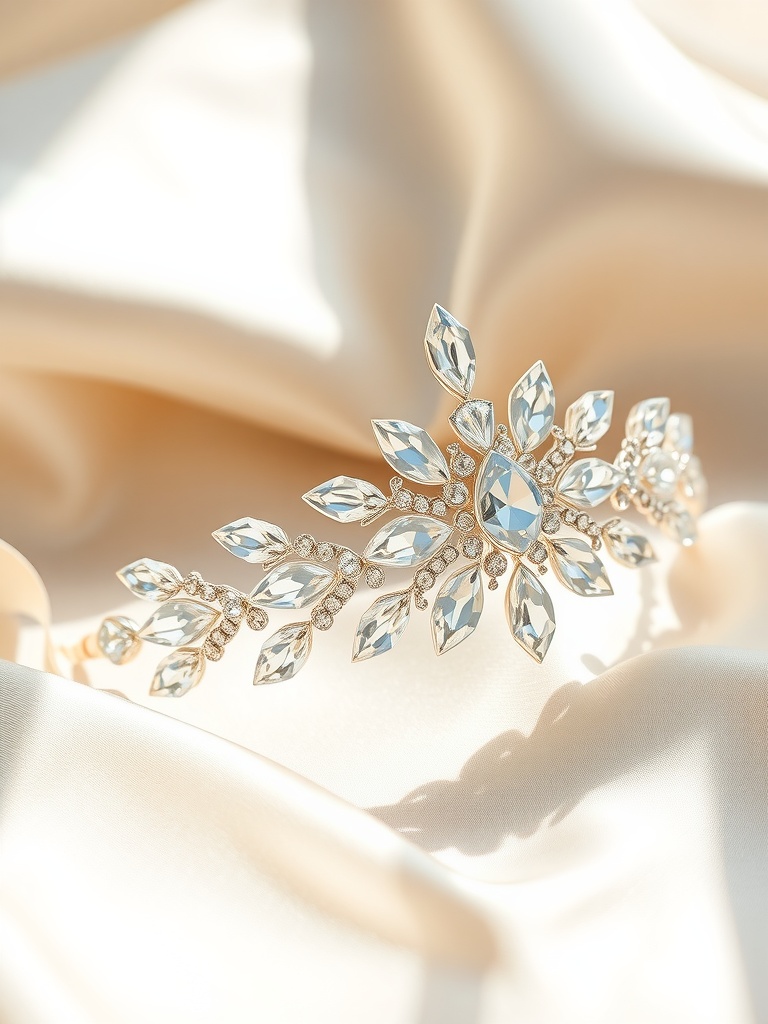 A close-up view of a bride's hairstyle featuring a sparkling crystal headpiece adorned with intricate designs, set against a soft background.