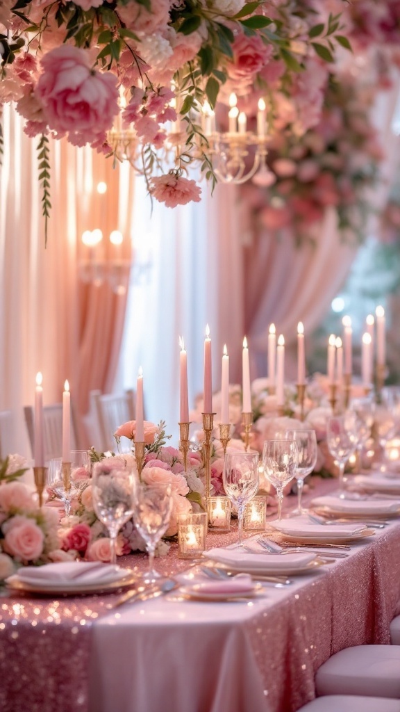 An elegantly decorated wedding table featuring glistening sequin table runners, candles, and floral arrangements, creating a romantic atmosphere.