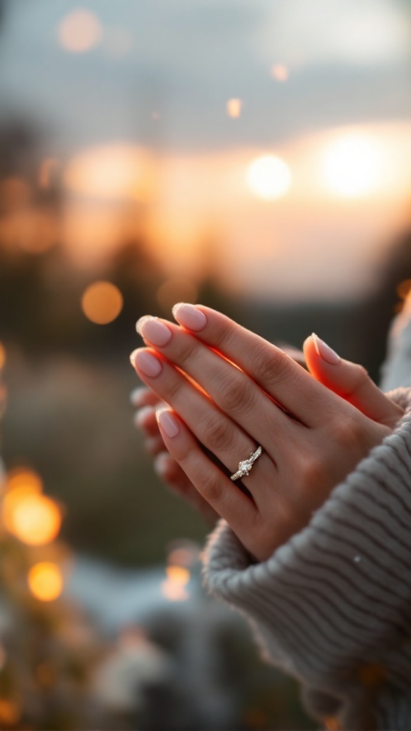 A close-up of hands with neutral nails and an engagement ring against a sunset background