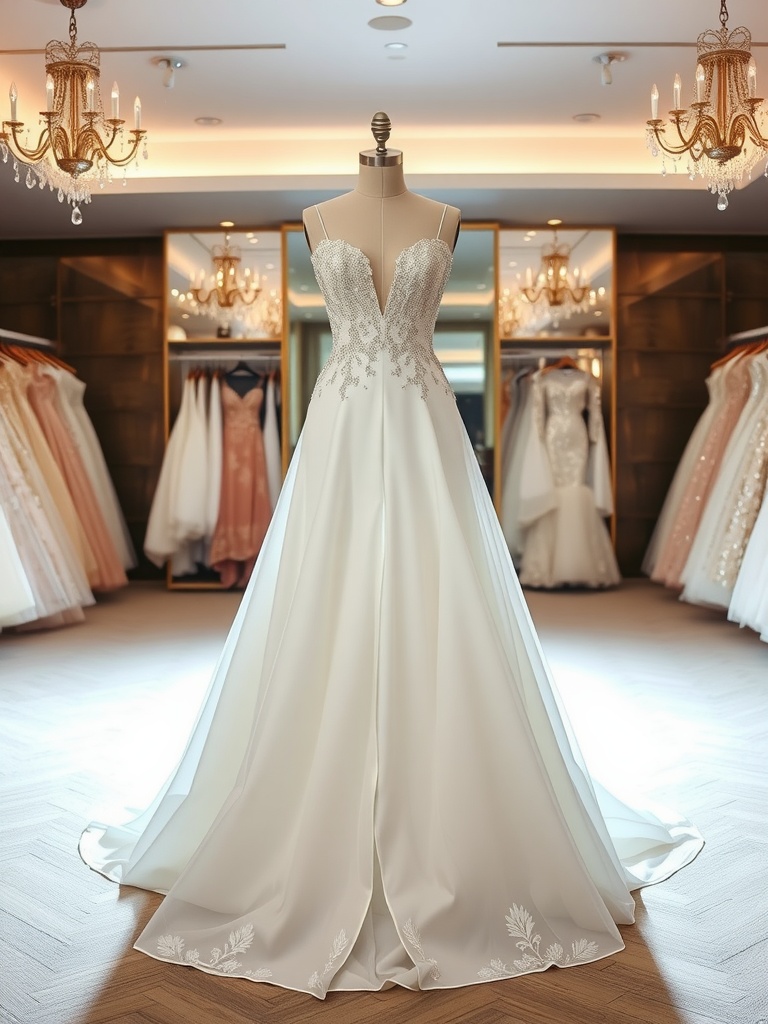A stunning A-line wedding dress with sparkling sequins displayed in a bridal shop.