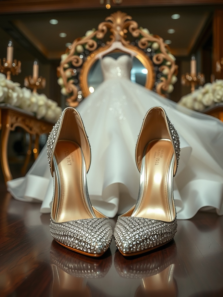 Glittering silver heels placed in front of a wedding dress.