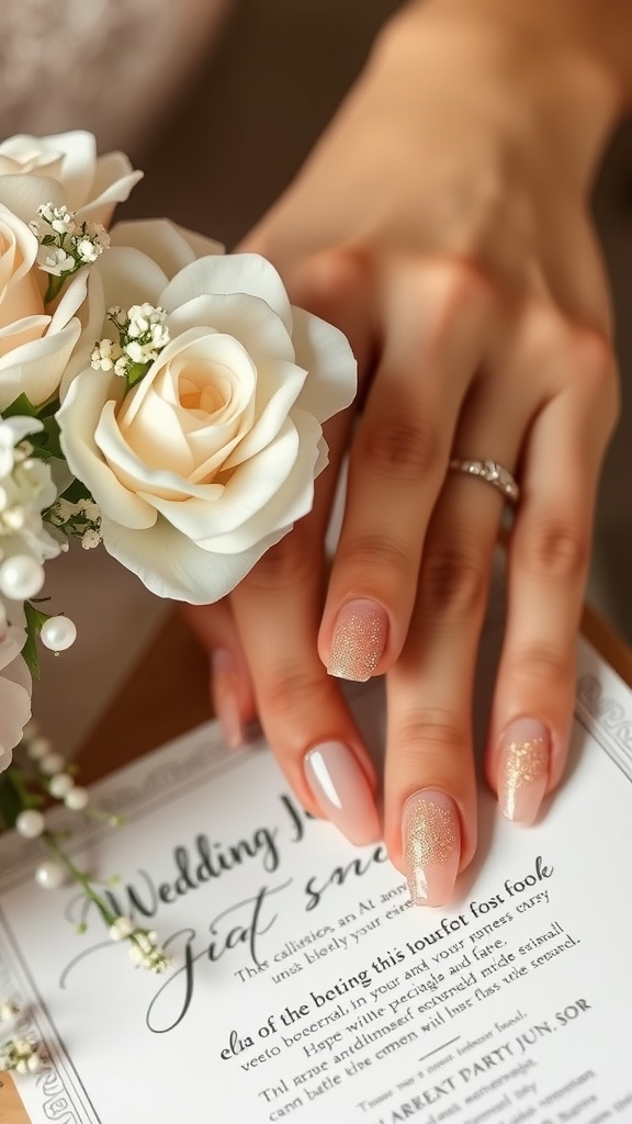 A close-up of elegantly manicured nails with a glittering ombre design, holding a wedding invitation and surrounded by white roses.