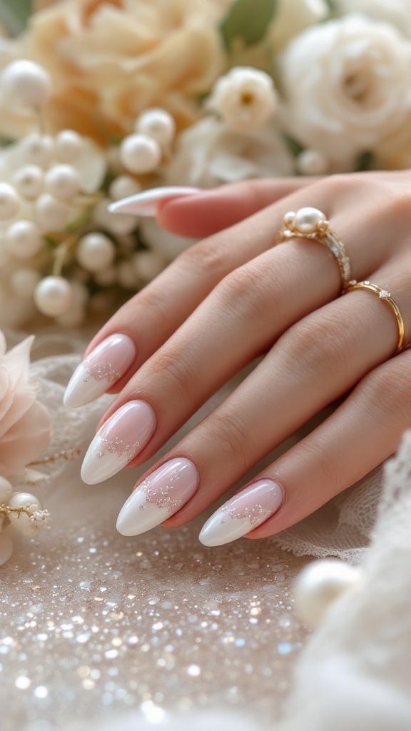 Nail design featuring a glittery base with pearl insets, perfect for elegant bridal styling.