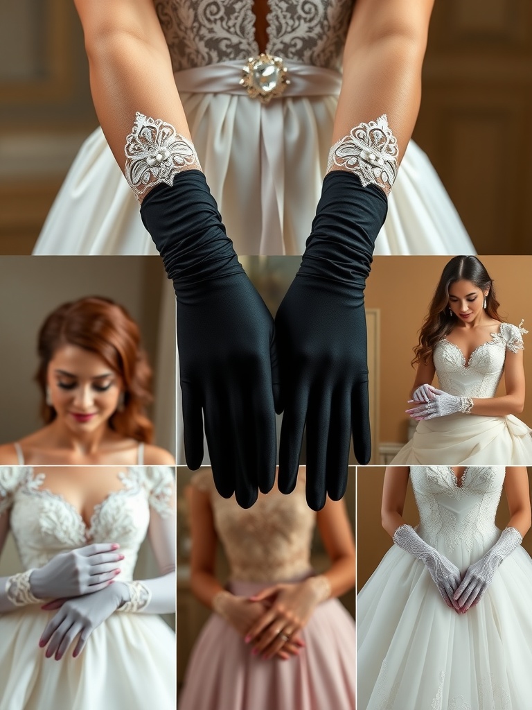 A collage of brides showcasing different styles of bridal gloves, including lace, satin, and fingerless options.