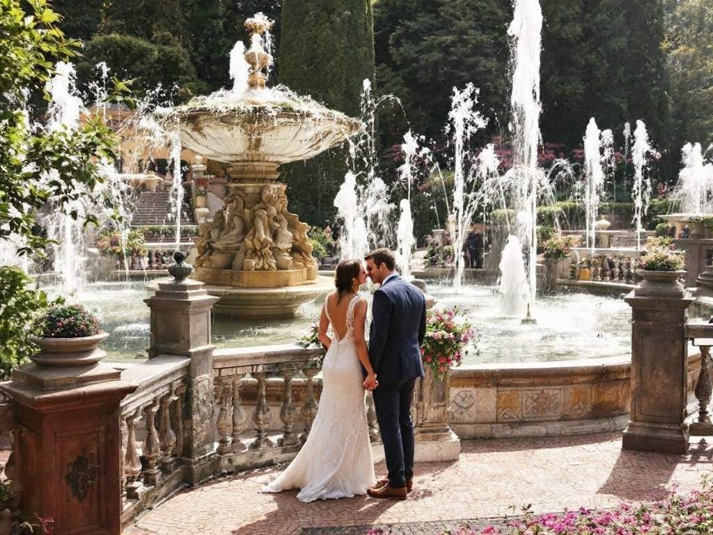 A couple sharing a romantic moment by the fountains in the gardens of Villa d'Este, Italy.