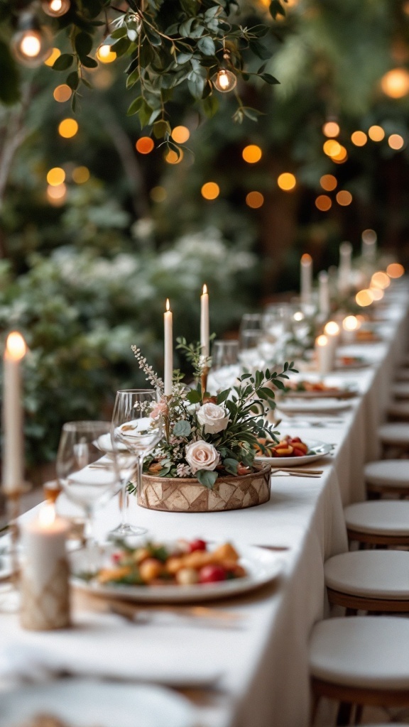 A beautifully set table for a small wedding, featuring candles, flowers, and gourmet dishes.