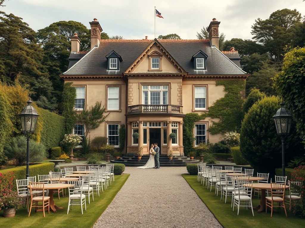 Grand Manor in Ireland with elegant gardens and wedding setup