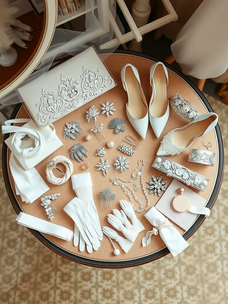 A collection of bridal accessories including hair accessories, shoes, and a clutch, displayed on a round table.