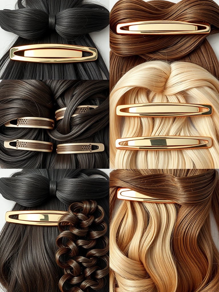 A variety of bridal hair clips and combs displayed on different hairstyles, showcasing options for various textures.