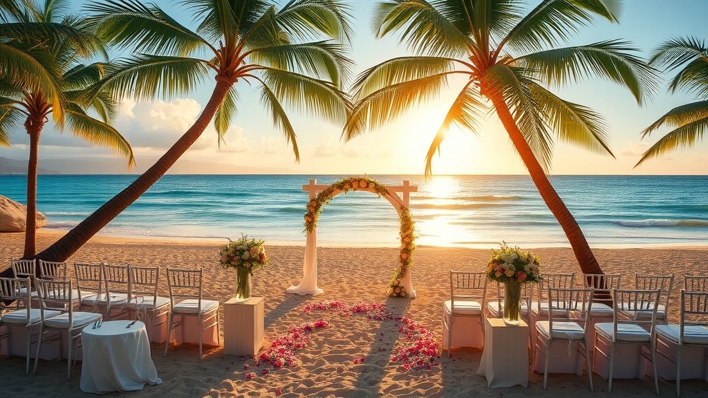 A beautiful beach wedding setup in Hawaii with palm trees, an altar, and chairs arranged in the sand.