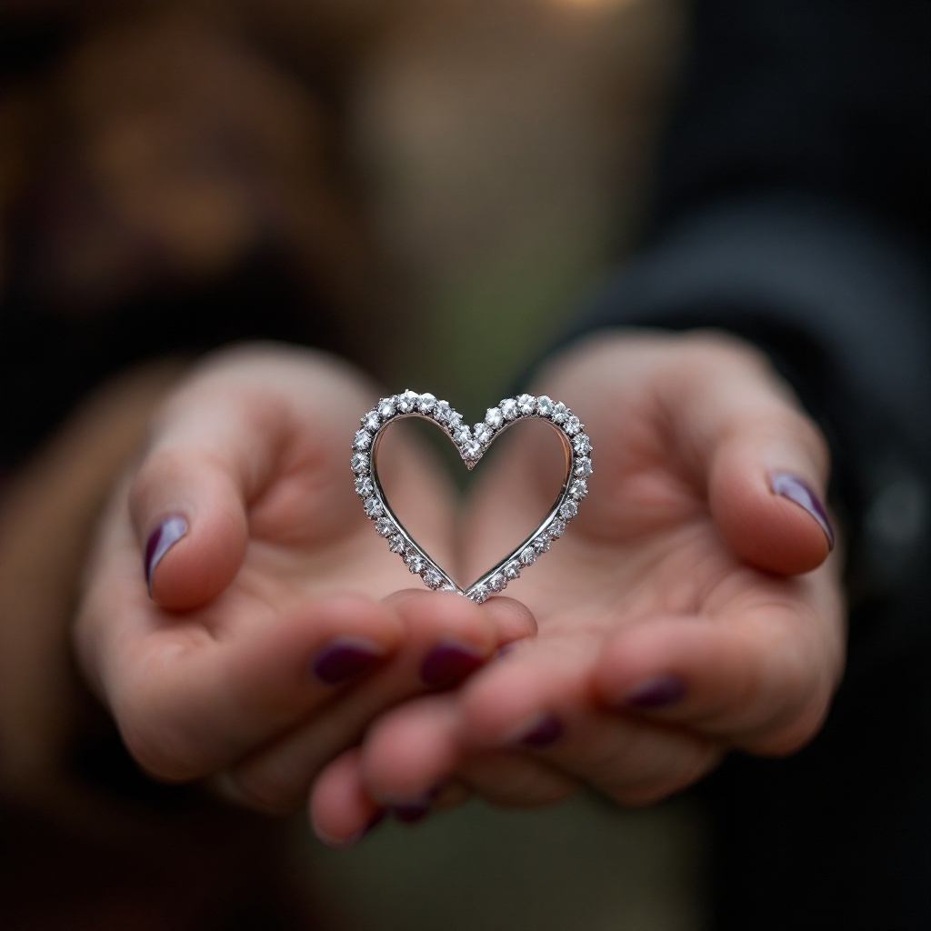 A close-up of a heart-shaped engagement ring being held in hand.