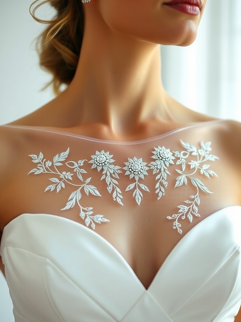 A close-up of a woman wearing a high neckline wedding dress with floral embroidery, showcasing minimalist earrings.
