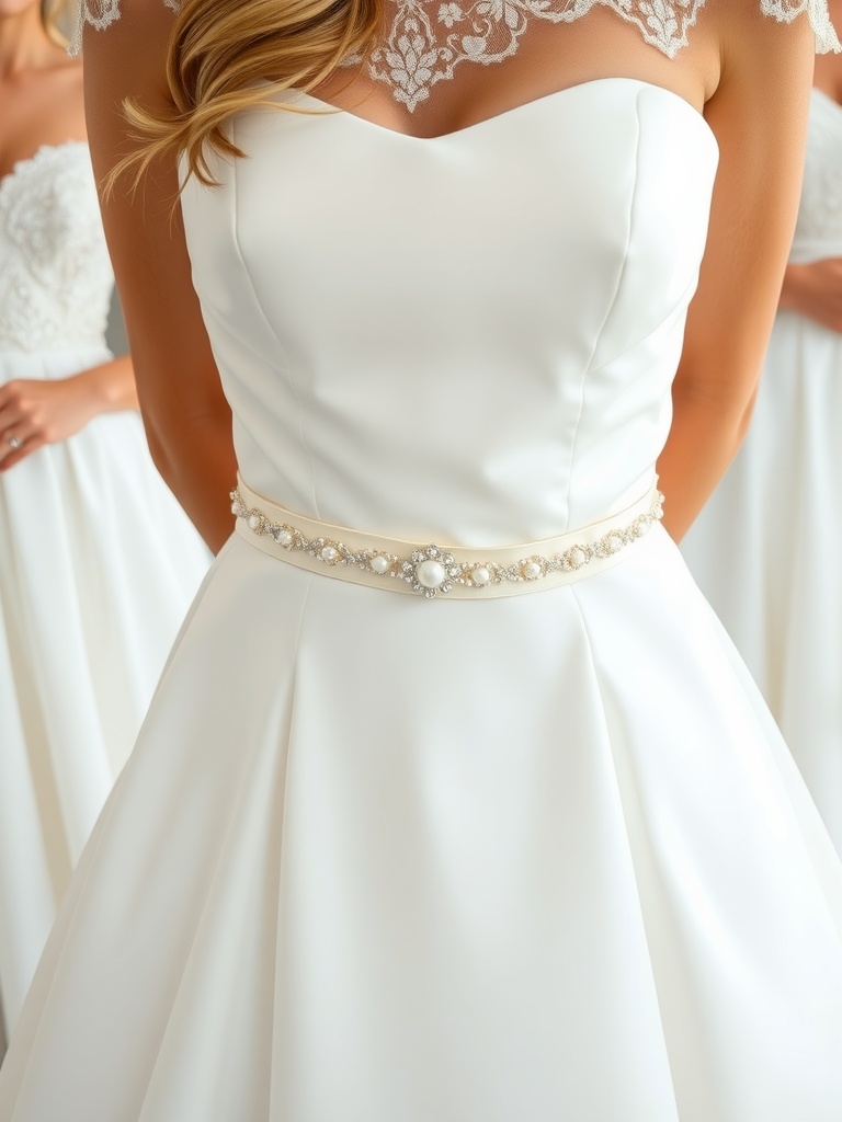 Close-up of a bride's wedding dress with an embellished belt, showcasing a defined waist.