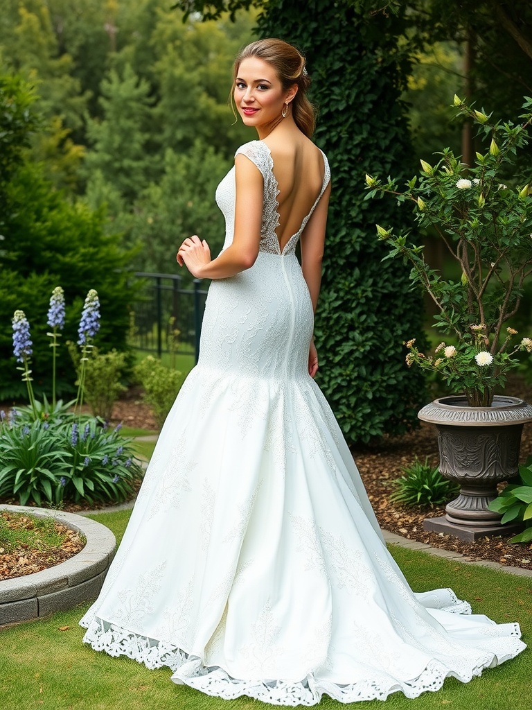 A woman in an elegant fitted wedding dress showcasing a fit and flare style.