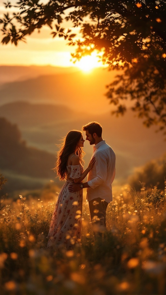 Couple standing together in a field at sunset, capturing an intimate moment with soft lighting.