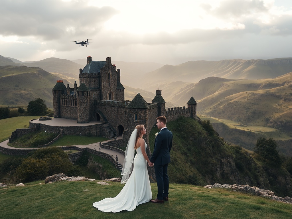 Couple getting married in front of a historic castle in Edinburgh, Scotland, surrounded by scenic hills.