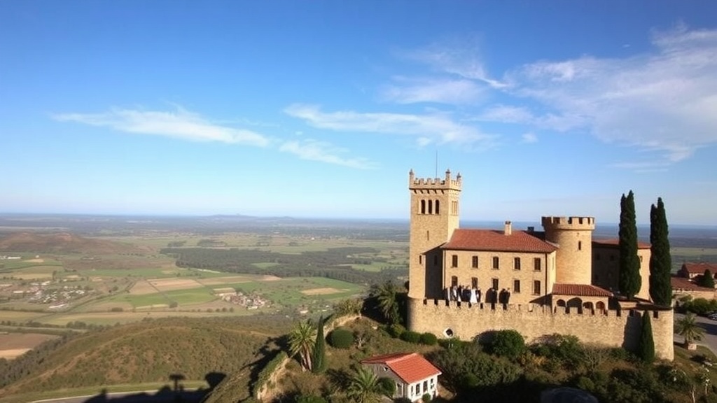 A couple getting married at a scenic castle in Spain, surrounded by guests and beautiful views.