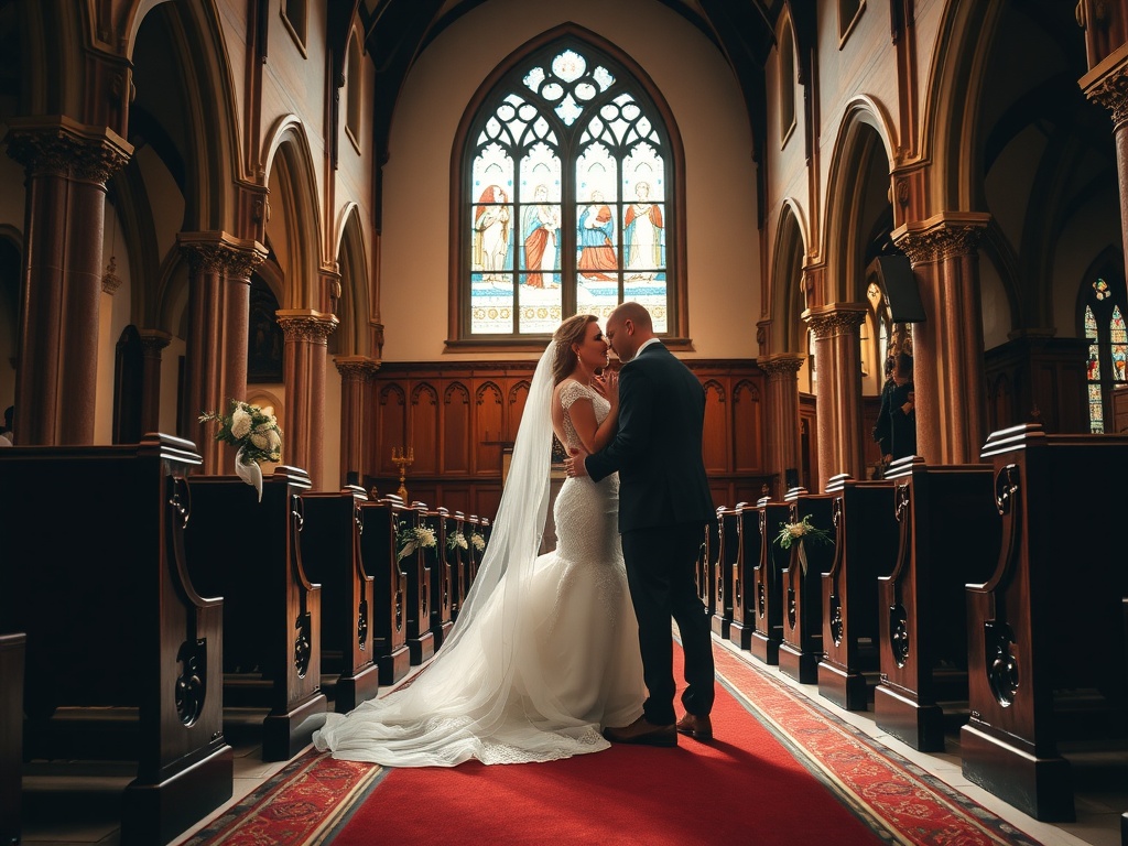 A couple in formal attire standing in a historic church with stained glass windows.