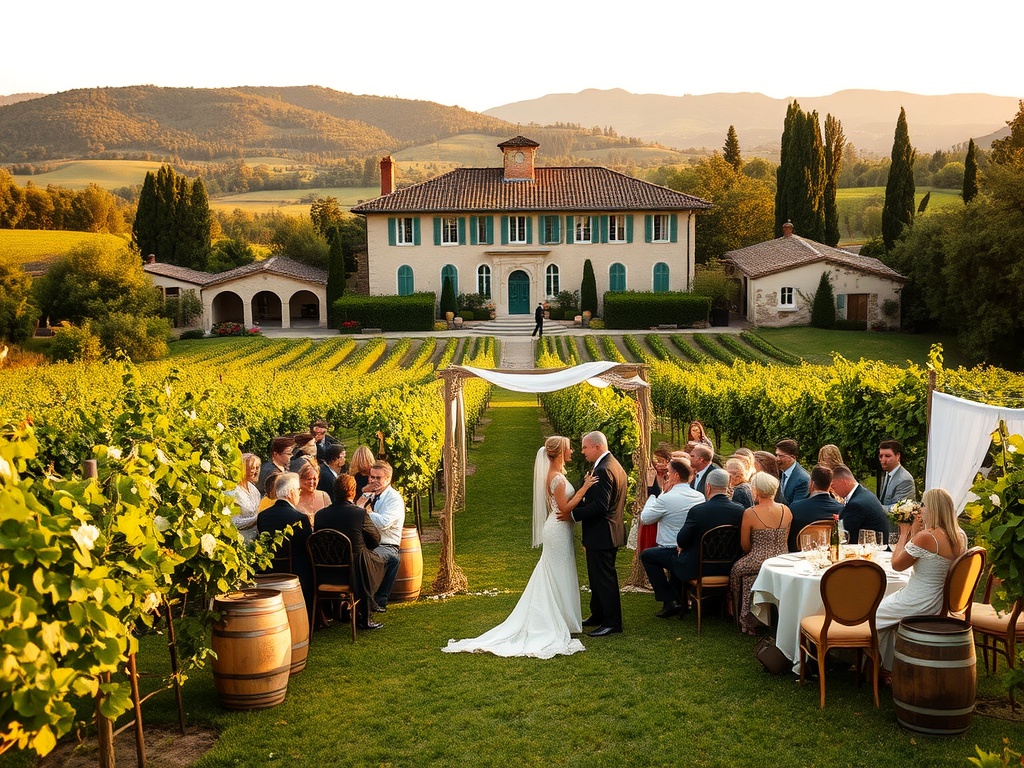 A romantic vineyard wedding at a historic Italian estate, featuring guests at an outdoor ceremony surrounded by vineyards and mountains.