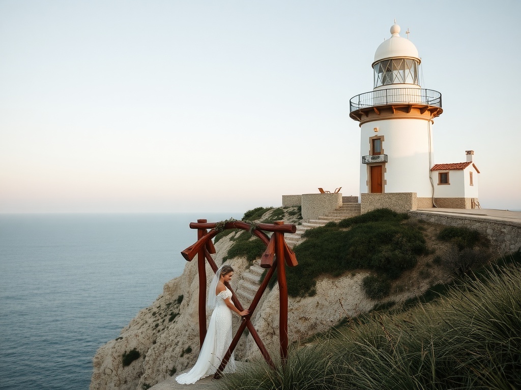 A historic lighthouse overlooking the ocean, providing a romantic wedding backdrop.
