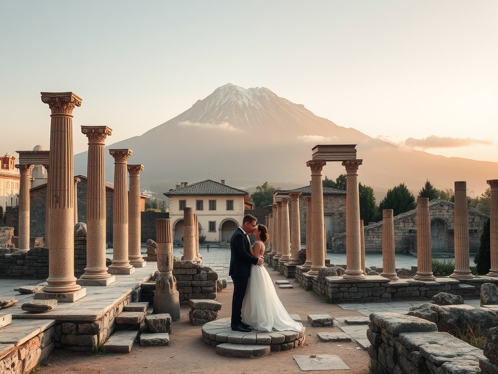 A couple embracing at the ancient ruins of Pompeii with Mount Vesuvius in the background